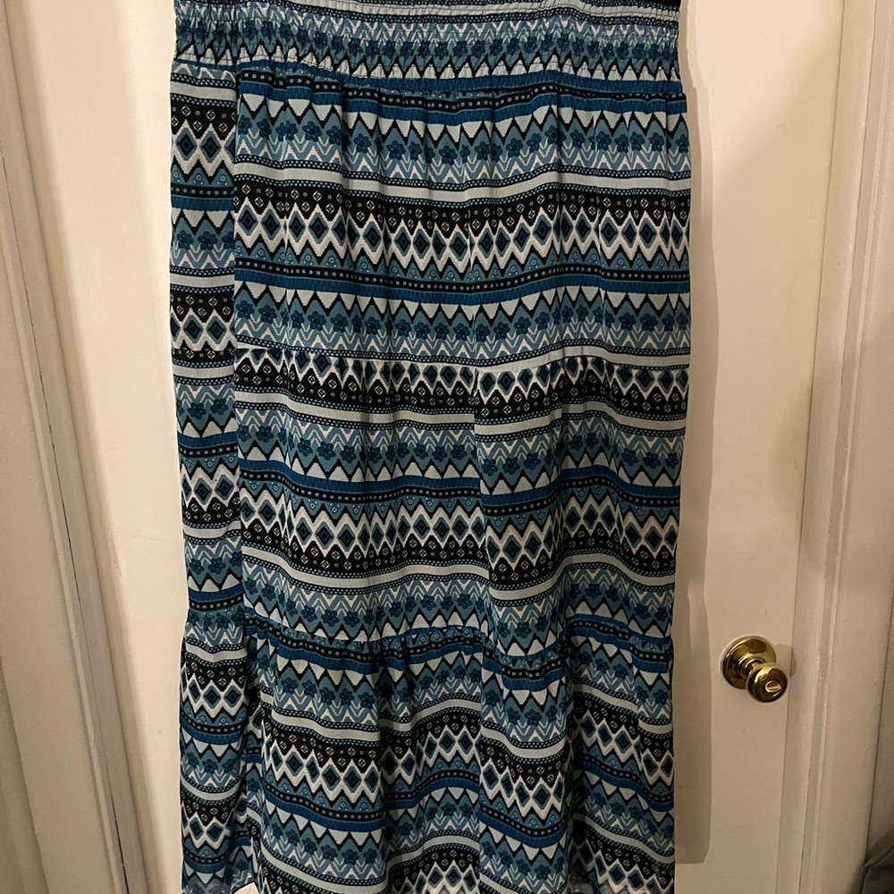 Blue Geometric Maxi Skirt A-Line Casual